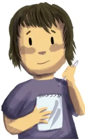 Ilustración de una niña con playera morada sosteniendo un cuaderno y un lápiz.