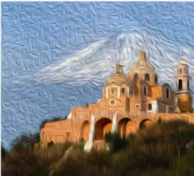Ilustración con textura de empaste de una iglesia antigua de cantera con montañas nevadas detrás.