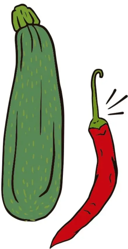 Ilustraciones grandes de elote o mazorca de maíz amarillo, vainas de frijol abiertas con semillas, calabacita verde y chile rojo: los integrantes de la milpa.