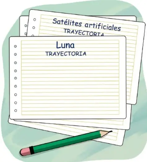 Ilustración de hojas de cuaderno con los títulos 'Satélites artificiales TRAYECTORIA' y 'Luna TRAYECTORIA', junto a un lápiz verde.