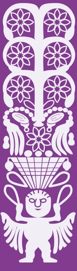Ilustración decorativa de estilo textil o papel picado mexicano: una figura antropomorfa con alas, brazos levantados y tocado de flores y formas geométricas, sobre fondo morado.
