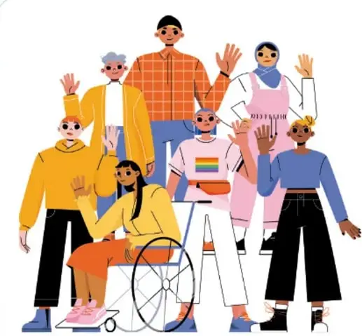 Ilustración de un grupo diverso de personas: adultos, niños y una persona en silla de ruedas, con vestimenta variada y expresión de inclusión.