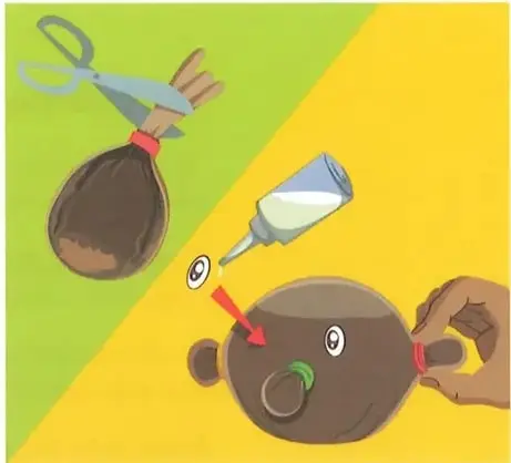 Ilustración de los pasos para colocar tierra y decorar la cabeza del muñeco de alpiste.