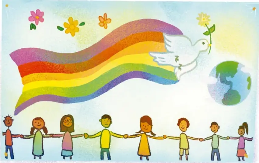 Ilustración de un arcoíris, una paloma blanca con una flor, el planeta Tierra y una fila de niños y niñas tomados de la mano, símbolos de paz, diversidad y respeto.