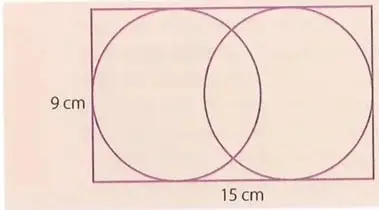 Rectángulo de 9 cm por 15 cm con dos circunferencias iguales, tangentes a tres lados del rectángulo.