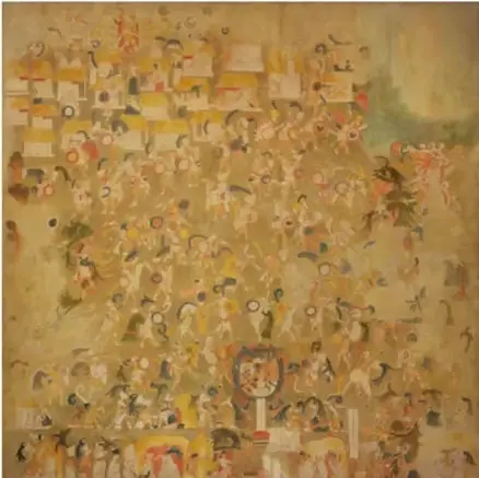 Pintura o códice con numerosos personajes y escenas, posiblemente de tradición mesoamericana.