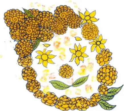 Marco circular formado por flores de cempasúchil con flores amarillas y hojas verdes en el centro, como un retrato dibujado con flores.