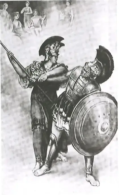 Ilustración digital estilo antiguo que acompaña el texto de La Ilíada. Muestra personajes con vestimentas de la Antigua Grecia (togados, con armaduras) en una escena que evoca el consejo de los reyes aqueos. La ilustración refuerza el contexto histórico del texto. La imagen aparece en la parte derecha superior de la página.