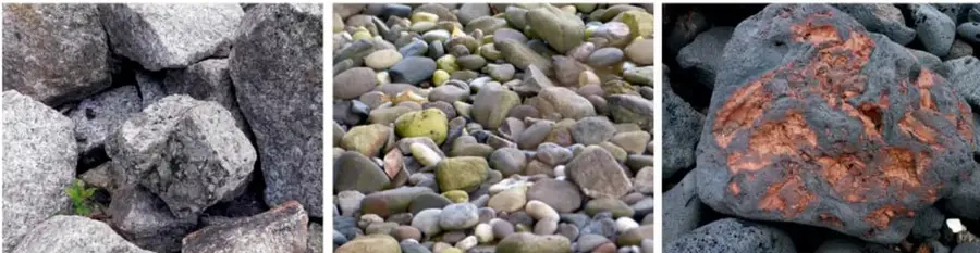 Tres fotografías bajo el rótulo 'Materiales pétreos': bloques de piedra gris, conjunto de piedras de río redondeadas de varios colores y una roca volcánica con tonos anaranjados y grises.