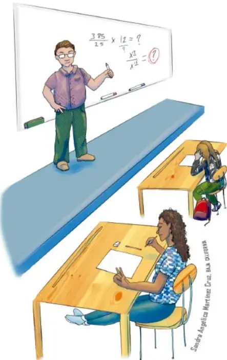 Ilustración de un salón de clases con un maestro frente a un pizarrón escribiendo ecuaciones matemáticas y dos alumnas sentadas en sus pupitres.