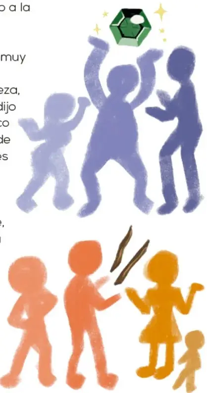 Ilustración de tres siluetas azules que levantan los brazos alrededor de un cubo verde brillante con destellos.