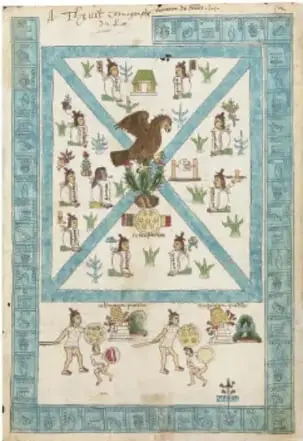 Códice colonial (Códice Telleriano-Remensis) que muestra el águila sobre un nopal devorando una serpiente, símbolo fundacional de México-Tenochtitlan, rodeado de glifos y personajes indígenas.