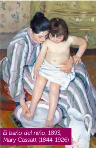 "El baño del niño", 1893: madre a rayas grises arrodillada lavando los pies de su hijo en un lebrillo de porcelana; jarra de agua blanca sobre el piso, ambiente íntimo y cálido.