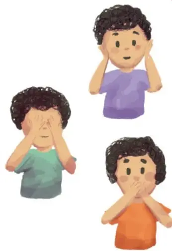 Ilustración de tres niños: uno se tapa los oídos, otro se tapa los ojos y otro se tapa la boca, representando respuestas corporales ante contaminación visual y auditiva.