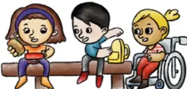 Ilustración de tres niños sentados en una banca: una niña con polera naranja, un niño con polera azul y una niña en silla de ruedas con polera roja, compartiendo alimentos.
