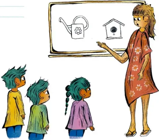 Ilustración de una maestra junto a una pizarra donde se ven dibujos de una regadera y una casa para pájaros; tres niños la escuchan de pie. Crédito: Luis Fernando Sotelo Gaspar, Querétaro.