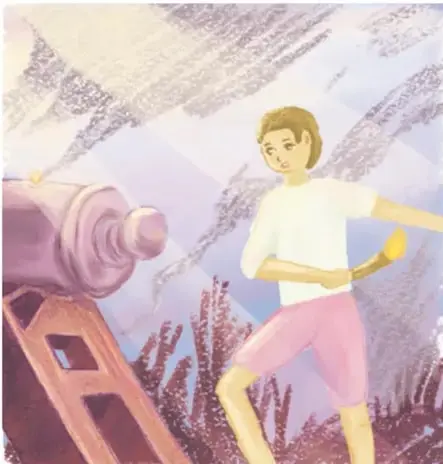 Ilustración de un niño con camisa blanca y pantalón rosa sosteniendo un sable, junto a un cañón, en un paisaje montañoso. Al pie: 'Vivian Lissette Esquivel Martínez, Estado de México'.