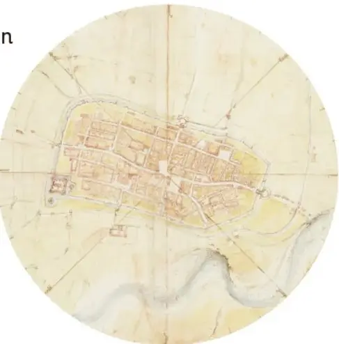Mapa circular de Imola (1502): vista aérea de una ciudad con calles ordenadas en tonos sepia y amarillos, rodeada de campos y un río. Pie: 'Un mapa de Imola, 1502, Leonardo da Vinci (1452-1519)'.