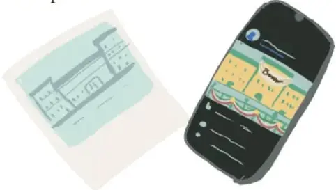 Ilustración de una hoja con el plano de una escuela y un teléfono celular que muestra un mapa con la ubicación de la escuela.