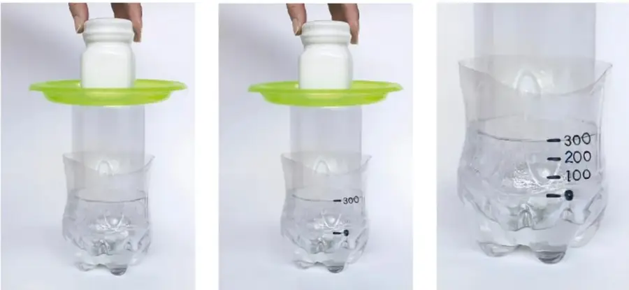 Secuencia de tres imágenes: frasco patrón blanco colocado sobre la botella apoyado en un plato verde, la marca de 300 en la botella, y la escala graduada con las marcas 100, 200 y 300.