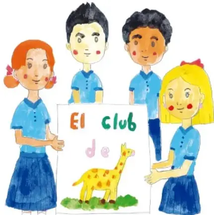 Ilustración de cuatro estudiantes de primaria sosteniendo un cartel que dice 'El club de...' con un dibujo de una jirafa.
