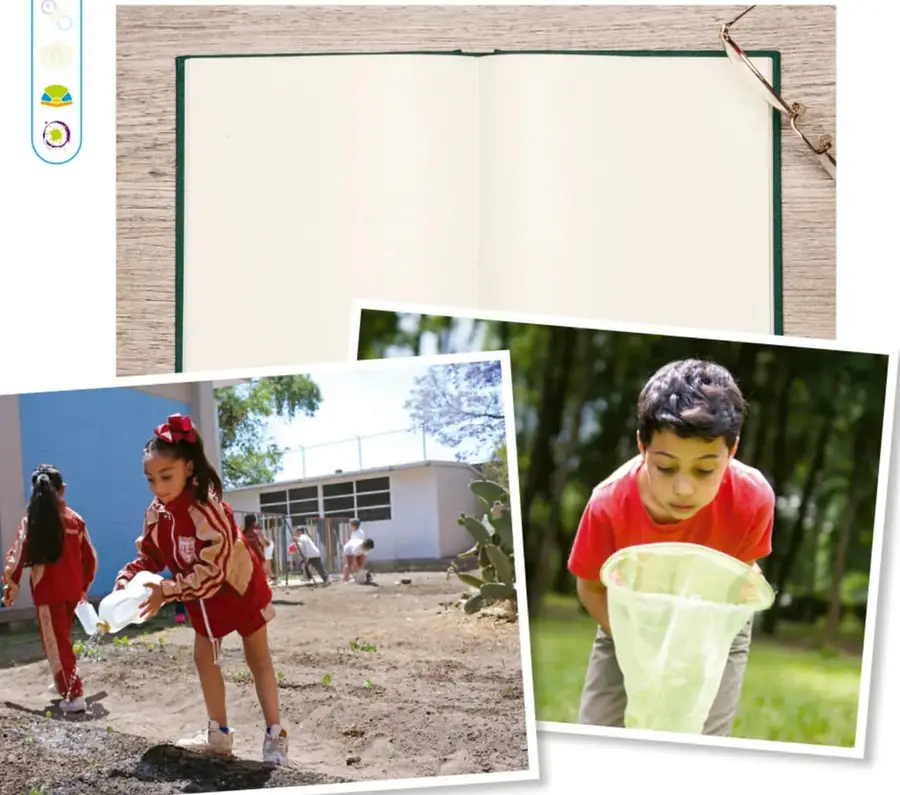 Composición fotográfica: una bitácora de pasta dura verde abierta en blanco sobre madera, acompañada de un par de lentes; en primer plano dos fotografías pegadas: niñas de uniforme rojo regando plantas en el patio de la escuela y un niño de camiseta roja en el bosque sosteniendo una red de captura (entomológica).