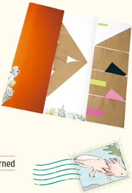 Carpeta de cartón con pestañas y figuras geométricas pegadas.