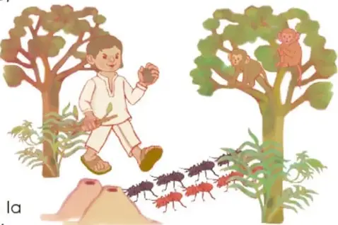 Ilustración de Tajín, un niño que camina por la selva con una piedra en la mano, mientras monos y hormigas huyen asustados.