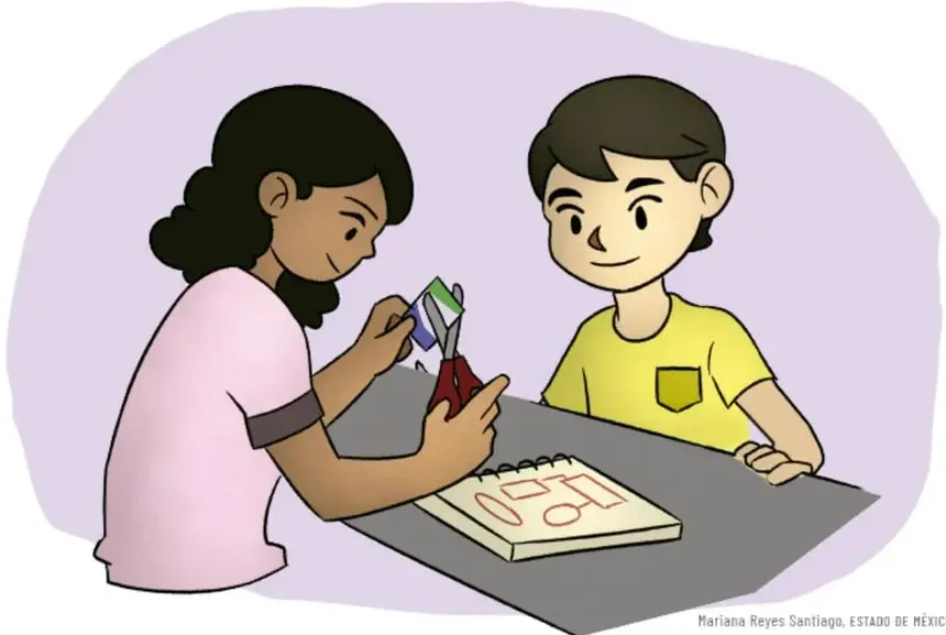 Ilustracion de una nina y un nino sentados a una mesa; ella sostiene un cuaderno con dibujos y el revisa el trabajo. Al pie se lee 'Mariana Reyes Santiago, ESTADO DE MEXICO'.
