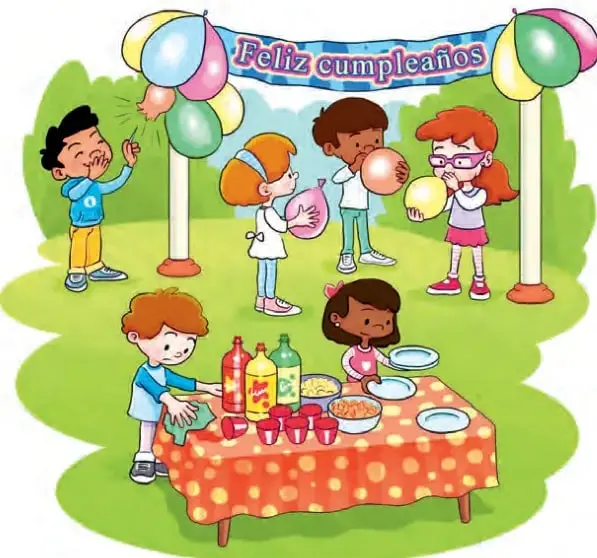 Ilustración de una fiesta de cumpleaños con un letrero que dice 'Feliz cumpleaños', globos de colores, y una mesa con mantel de lunares, botellas, vasos y platos; cinco niños y niñas participan en la celebración.