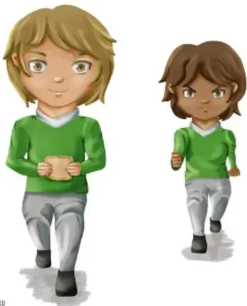 Dos niños caminando hacia el frente, uno con un cuaderno en las manos, con expresión tranquila.
