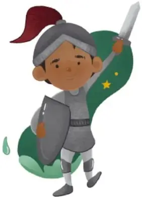 Ilustración de un niño caracterizado como caballero medieval con casco, capa roja, escudo y espada, sobre un fondo verde con estrellas amarillas.