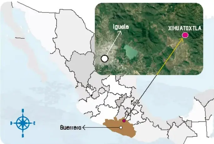 Mapa de México que señala Iguala y Xihuatoxtla, con un recuadro satelital de la zona.