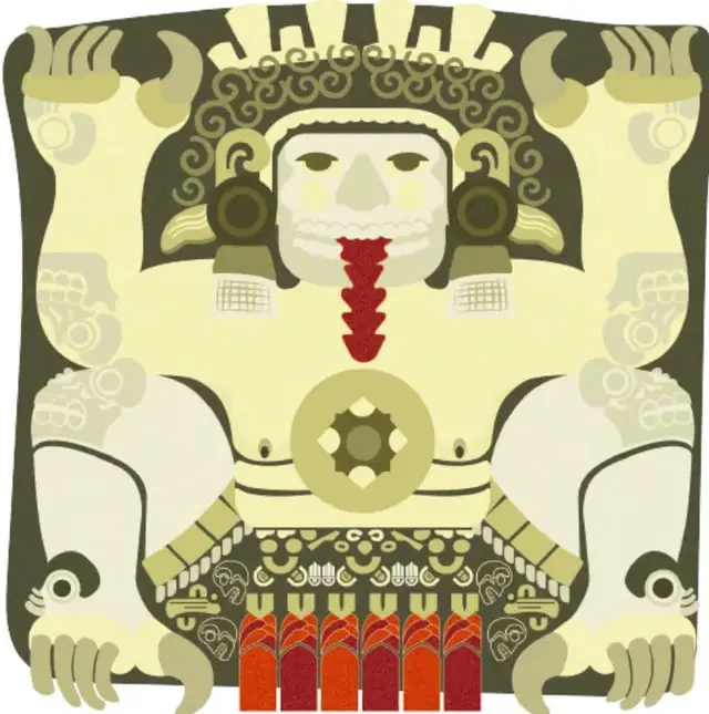 Ilustración estilizada de Tlaltecuhtli en verde oliva y crema, con garras, cabello rizado, tocado y flujos rojos de sangre.
