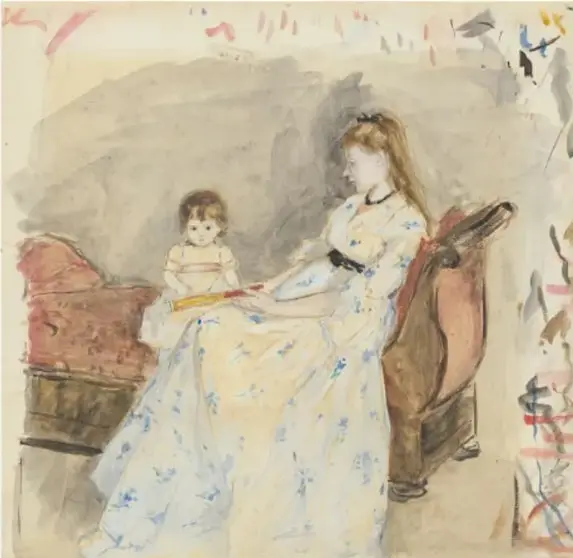 Obra 'La hermana de la artista, Edma, con su hija, Jeanne' (1872): retrato interior de una mujer y una niña sentadas.