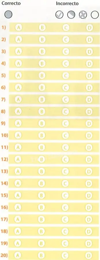 Hoja de respuestas con opciones A, B, C y D para los ejercicios 1 al 20.