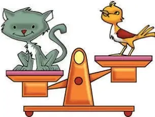 Balanza de platillos desequilibrada: el gato ocupa el plato izquierdo (más abajo) y el pájaro el plato derecho (más arriba).