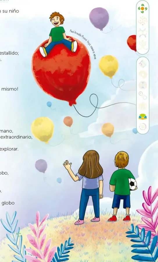 Niño sonriente con camiseta verde sentado sobre un globo rojo gigante que vuela, con otros globos de colores (morado, amarillo, rojo) flotando alrededor.
