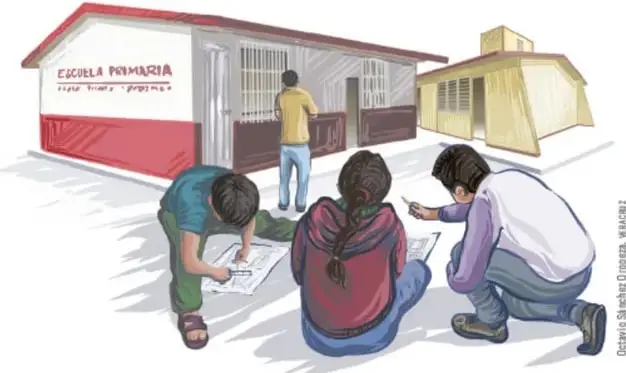 Ilustración de estudiantes elaborando el borrador del plano de su escuela frente al edificio escolar.