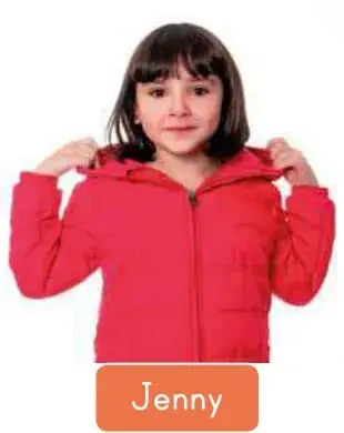 Niña con jersey naranja haciendo pulgares arriba (Jane).
