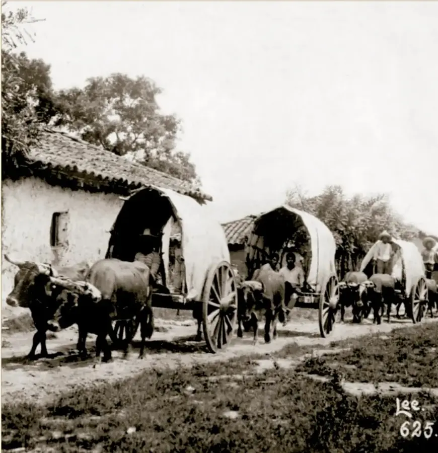 Fotografía histórica en sepia: campesinos del sureste de México (ca. 1914) con carretas cubiertas de lona tiradas por bueyes, junto a una casa de adobe con techo de teja; hombres con sombrero acompañan las carretas. Crédito: Biblioteca del Congreso de Estados Unidos.