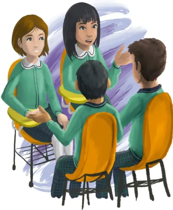 Ilustración de cuatro estudiantes sentados en círculo conversando, con fondo de trazos morados.