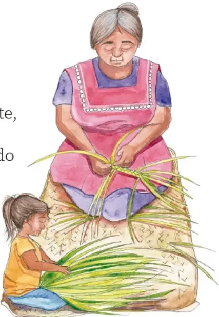 Ilustración de una señora mayor y una niña elaborando artesanía con palmas o fibras vegetales; crédito: Angélica Guadalupe Mendía Martínez, Baja California Sur.