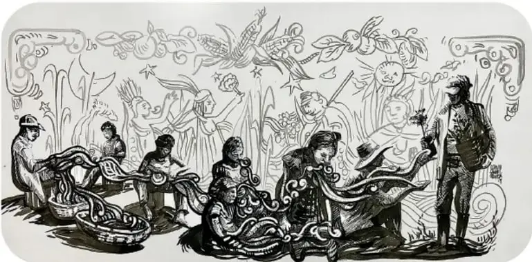 Ilustración en blanco y negro de estilo prehispánico que muestra a varias personas trabajando la tierra, cargando canastas y plantas, con glifos decorativos y astros representados en la parte superior. Crédito: Octavio Sánchez Cortés.