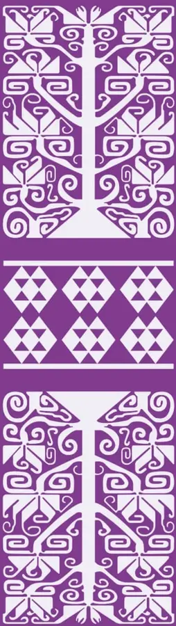 Ilustración decorativa en blanco sobre fondo morado con motivos geométricos: un árbol estilizado con espirales, una franja de rombos y triángulos, y otro árbol simétrico.