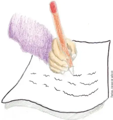 Mano sosteniendo un lápiz rojo que escribe sobre una hoja; representa el registro de opiniones en el cuaderno.