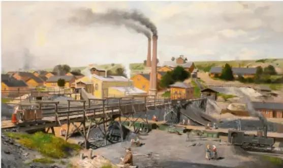 Ilustración de una escena histórica de la Revolución Industrial: una fábrica con chimeneas que emiten humo, estructuras de madera, vagonetas sobre rieles, máquinas de vapor y trabajadores en un paisaje industrial con colinas al fondo.