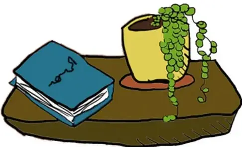 Ilustración de una maceta amarilla con planta colgante y un cuaderno azul sobre una mesa de exhibición. Crédito: Citlali González Tapia y Daniela Estrella Montero, Ciudad de México.