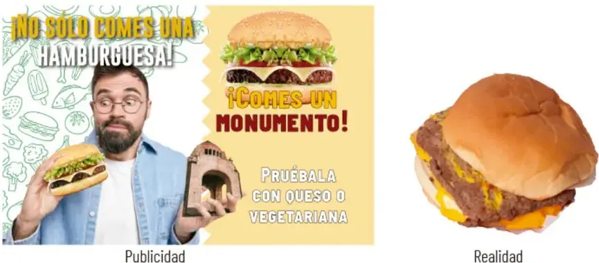 Anuncio de hamburguesa con la frase '¡NO SOLO COMES UNA HAMBURGUESA! ¡COMES UN MONUMENTO!' y comparación con la realidad.
