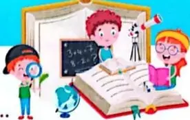 Ilustración de niños realizando actividades escolares con libros y materiales.